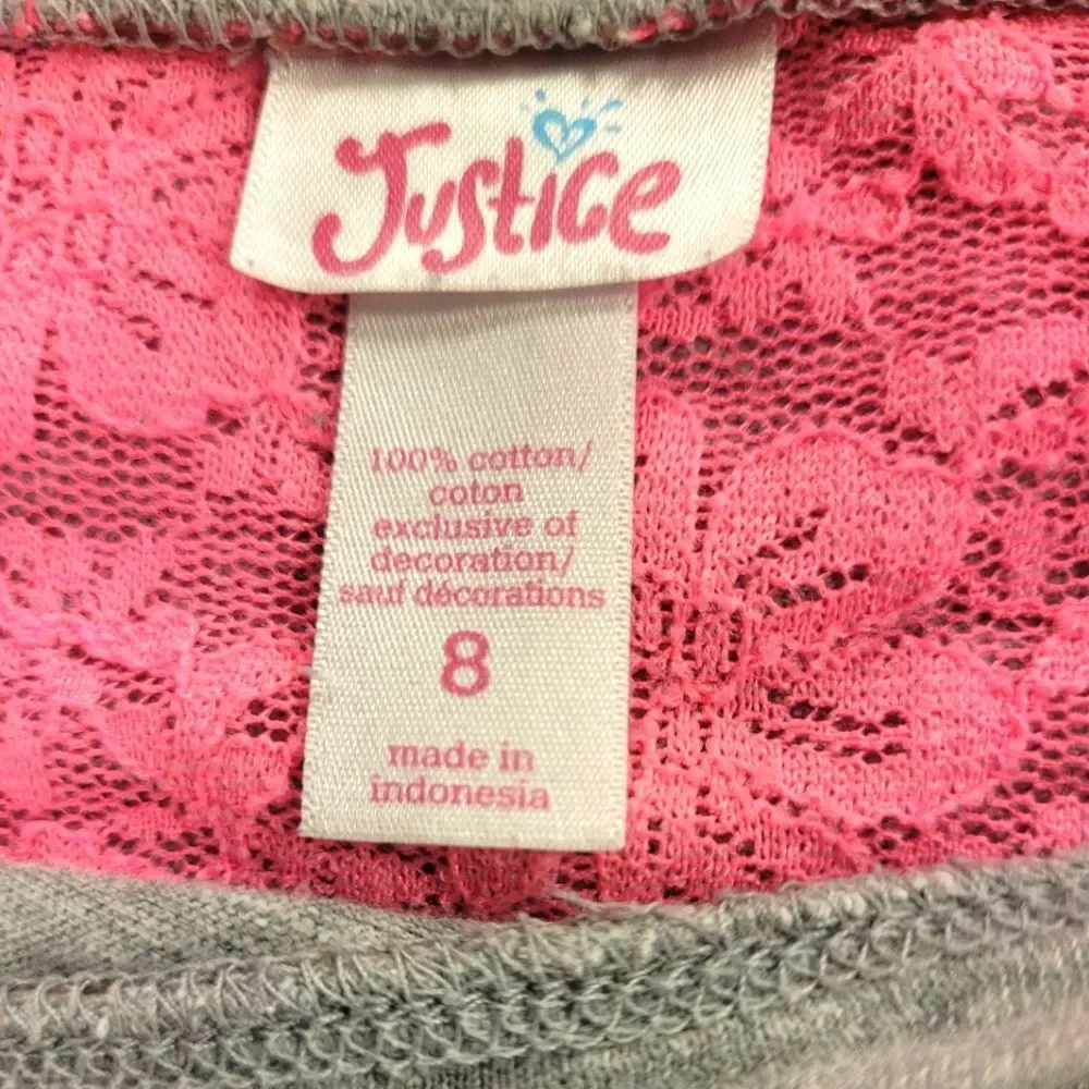 Justice Girls size 8 Long Sleeve Pink Lace Glitter Heart Tee Top